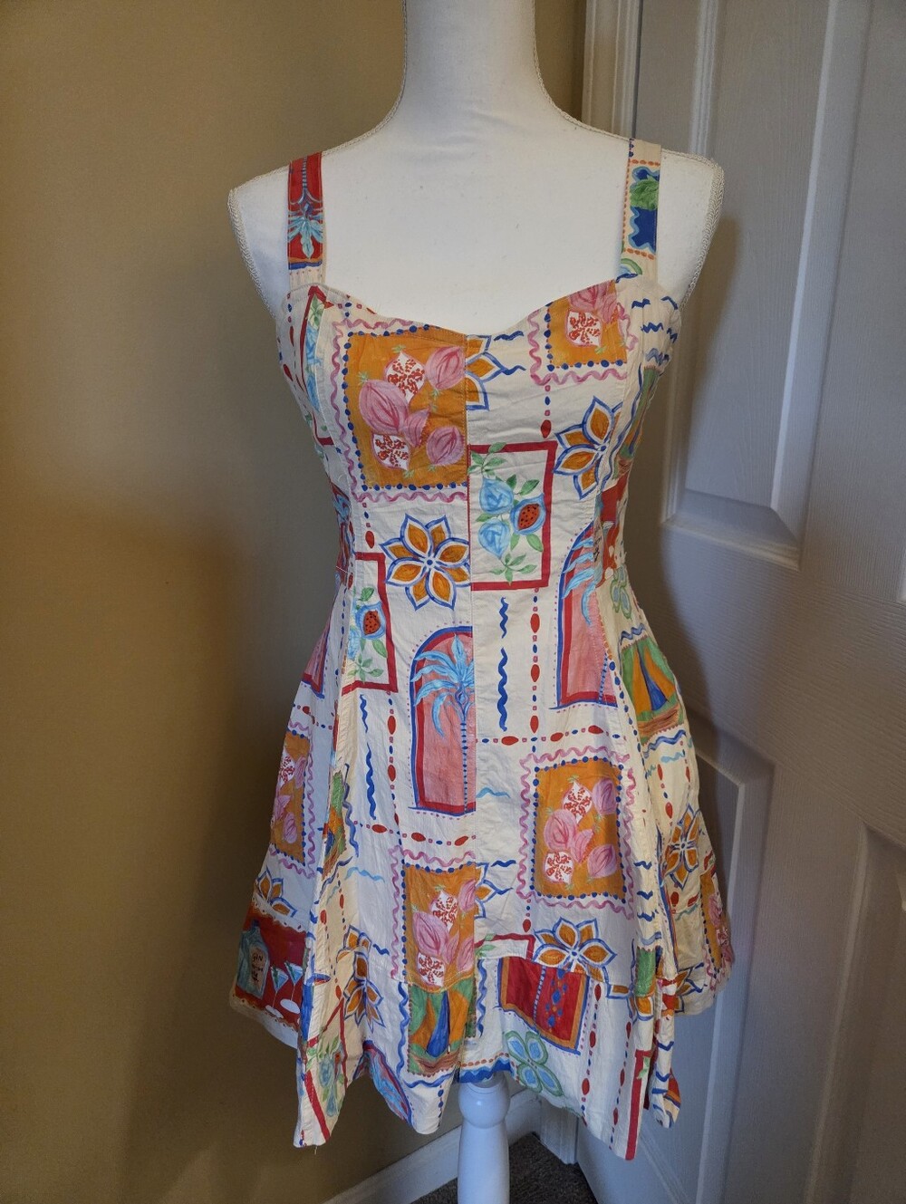 Avec Les Filles Paneled Postcard Stretch Cotton Mini Sundress